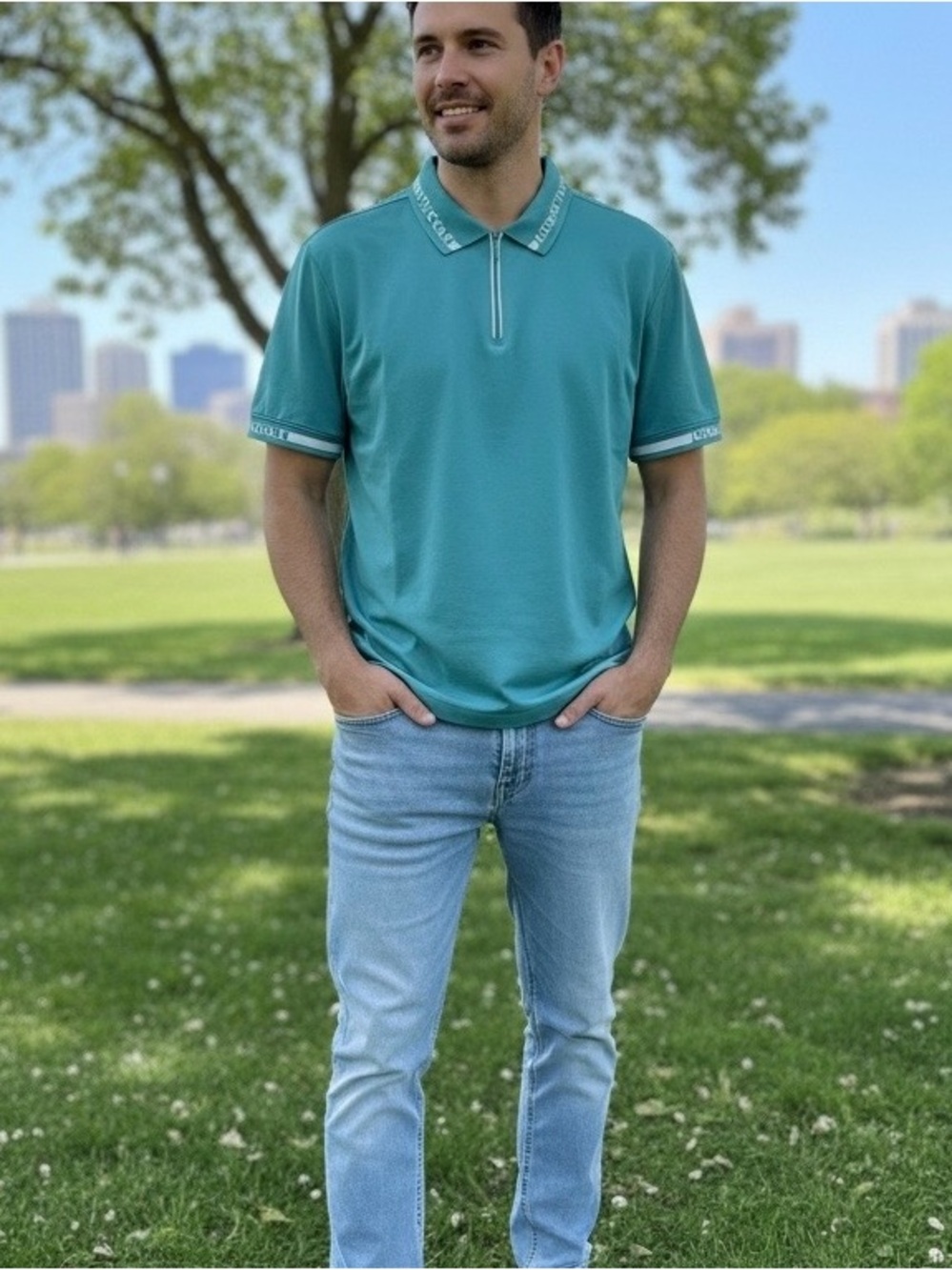 Kenneth Cole Teal Short-Sleeve Polo with Contrast Trim Cotton Blend Large
